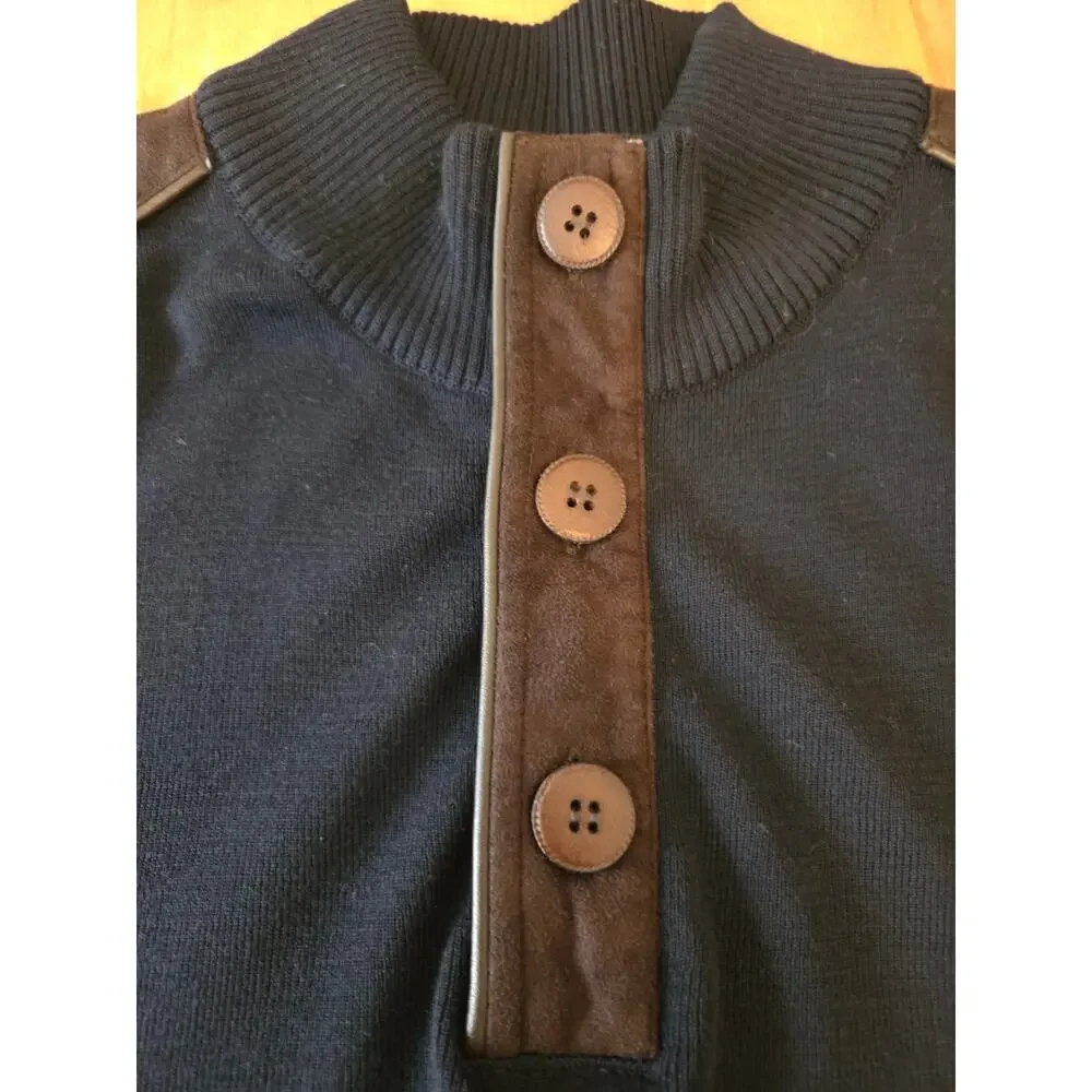Luchiano Visconti Mens XL Italian Merino Wool Sweater Navy Mock Neck Suede Patch